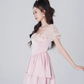 Floral dress women's summer puff sleeve A-line short skirt new pink high-end skirt R4454