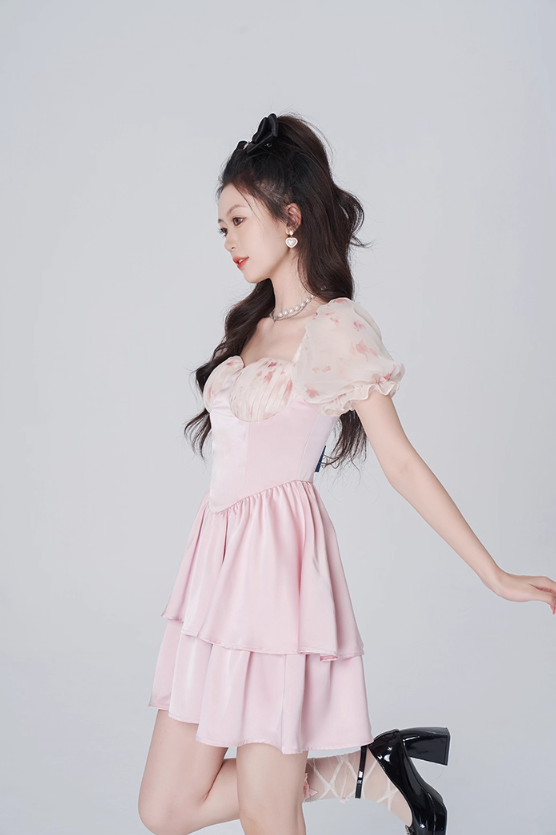Floral dress women's summer puff sleeve A-line short skirt new pink high-end skirt R4454