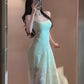 Gentle mint green jacquard suspender dress beautiful atmosphere small skirt R0806