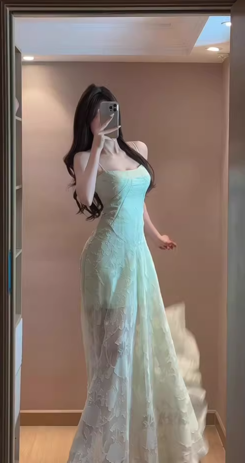 Gentle mint green jacquard suspender dress beautiful atmosphere small skirt R0806
