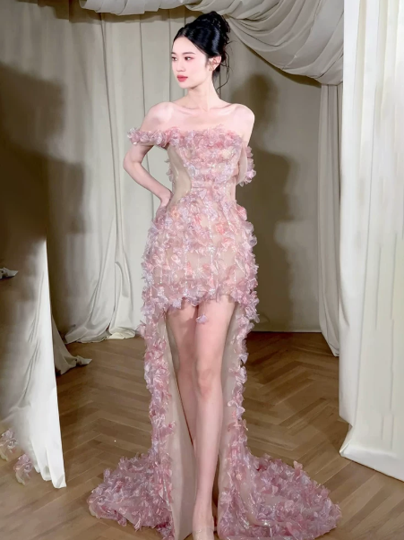 Romantic Pink Birthday Dress ,Mermaid Off-the-shoulder Applique Bodycon Hi-Lo Evening Dress RS1118