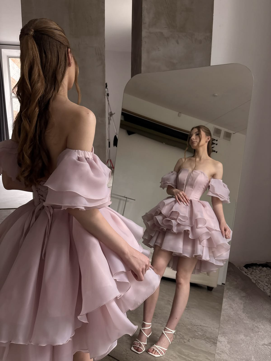 Gentle Puffy Frilled Women's Homecoming Dress Blush Pink Waist Fitted Short Prom Gown Birthday Dress RS3235