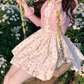 French floral dress women's summer pink sweet suspender short skirt R3834