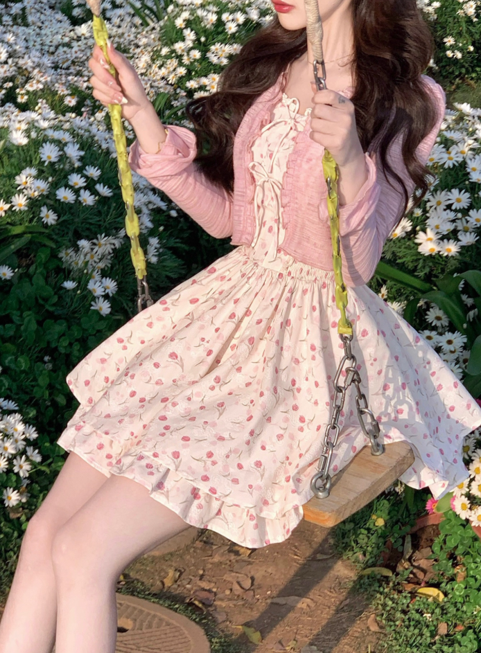 French floral dress women's summer pink sweet suspender short skirt R3834