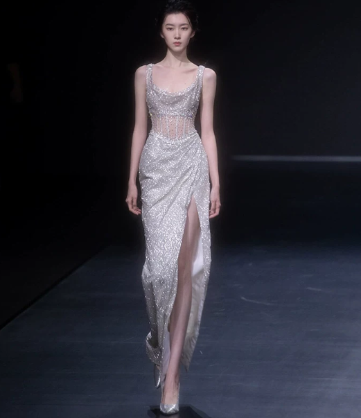 Glitter Sliver Prom Dress ,Sheath Spaghetti Straps High-slit Bodycon Maxi Evening Dress RS1120