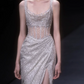 Glitter Sliver Prom Dress ,Sheath Spaghetti Straps High-slit Bodycon Maxi Evening Dress RS1120