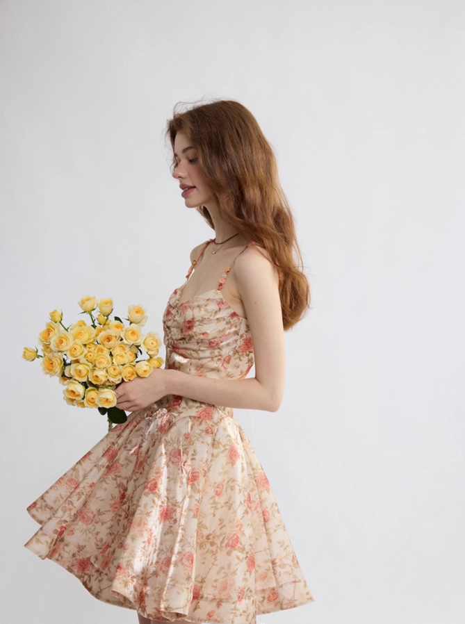 French suspender dress floral dress holiday wear short skirt R2698