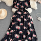 French lady temperament lady short sleeve square collar waist slim a-line print dress elegant long skirt R0406