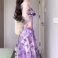 Purple oil painting floral suspender dress beautiful waist A-line long skirt R0749