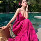 French retro heavy hollow flower embroidery design rose red suspender dress waist lace long skirt R0205
