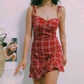 Red checkered suspenders waist A-line short skirt homecoming dress R3237