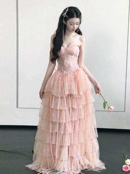 Sweet Pink Ruffled Prom Dress ,A-Line Sweetheart Tulle Bodycon Maxi Evening Dress RS1121