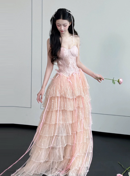 Sweet Pink Ruffled Prom Dress ,A-Line Sweetheart Tulle Bodycon Maxi Evening Dress RS1121