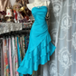 Champagne-colored strapless satin slim-waisted ruffled hem maxi ball gown R6180