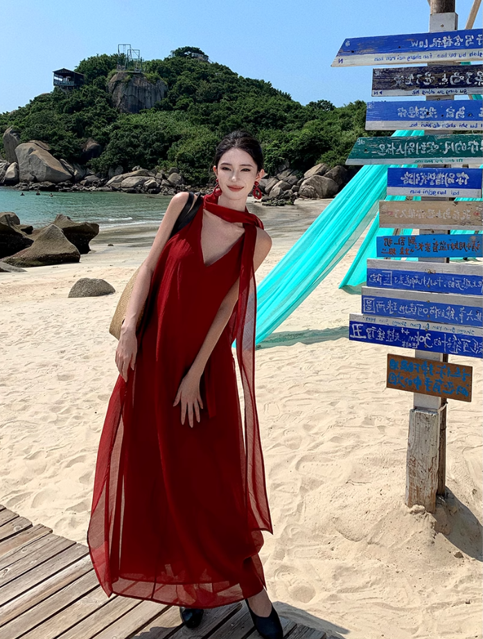 Fairy Island Travel Outfit Halter Neck V-Neck Dress Beach Dress Loose Casual Long Dress R1732