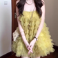 Yellow mesh suspender dress niche gentle temperament A-line puffy short skirt R0779