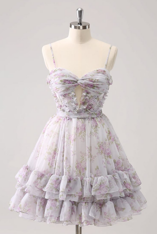 Pretty Lavender Floral Homecoming Dress ,A-Line Spaghetti Straps Pleated Mini Summer Dress Cami Dress RS1097