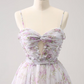 Pretty Lavender Floral Homecoming Dress ,A-Line Spaghetti Straps Pleated Mini Summer Dress Cami Dress RS1097