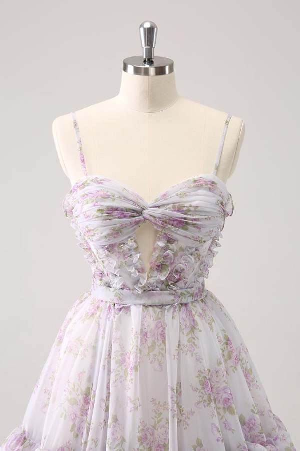 Pretty Lavender Floral Homecoming Dress ,A-Line Spaghetti Straps Pleated Mini Summer Dress Cami Dress RS1097