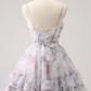 Pretty Lavender Floral Homecoming Dress ,A-Line Spaghetti Straps Pleated Mini Summer Dress Cami Dress RS1097