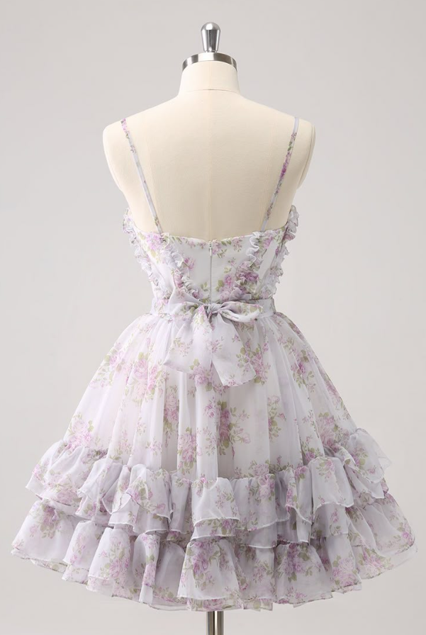 Pretty Lavender Floral Homecoming Dress ,A-Line Spaghetti Straps Pleated Mini Summer Dress Cami Dress RS1097