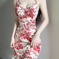2025 summer new V-neck floral petite red A-line holiday suspender dress R0963