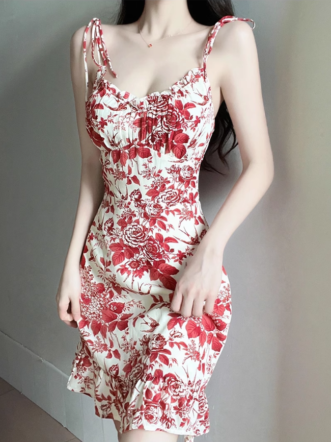 2025 summer new V-neck floral petite red A-line holiday suspender dress R0963