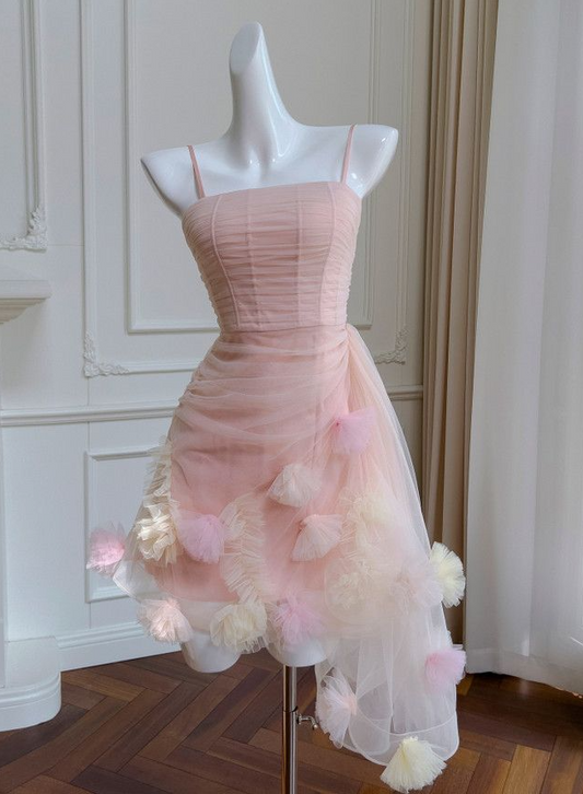 Sweet Blush Pink Homecoming Dress ,A-Line Spaghetti Straps Applique Mini Summer Dress Cami Dress RS1098