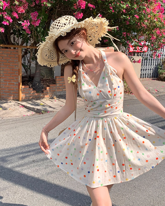 V-neck polka dot halter neck a-line dress women's summer French waist skirt R4661