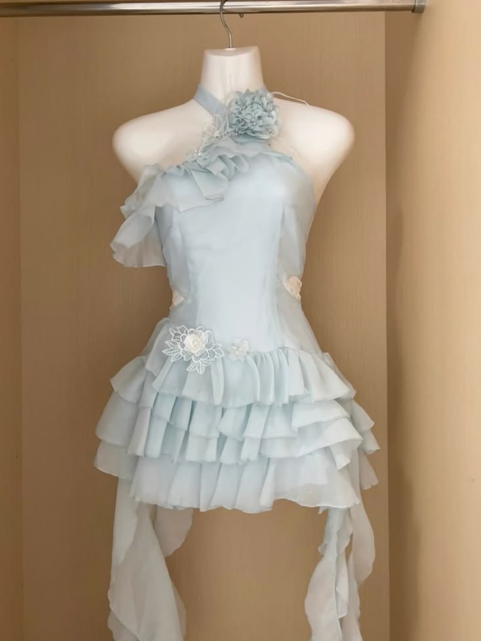 Flowy Pale Blue Homecoming Dress ,A-Line Halter Applique Mini Summer Dress Prom Dress RS1099