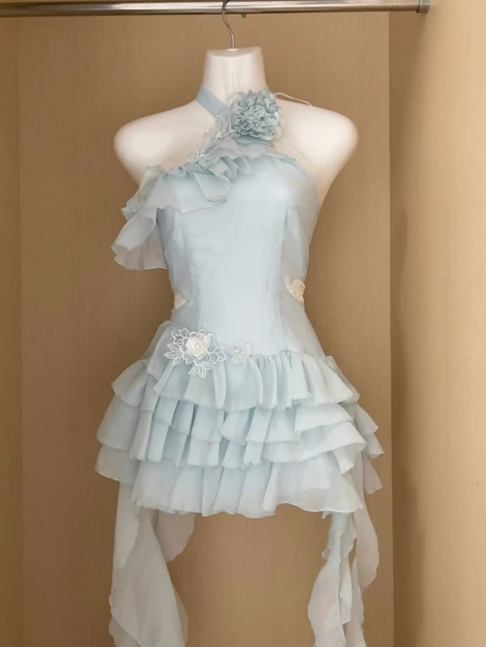 Flowy Pale Blue Homecoming Dress ,A-Line Halter Applique Mini Summer Dress Prom Dress RS1099