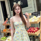Yellow floral suspenders slim waist slim short skirt homecoming dress R4021