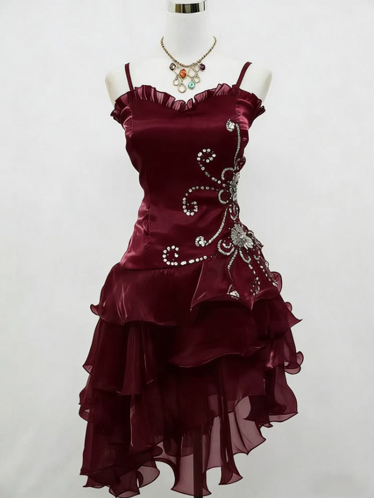 Charming Burgundy Beaded Homecoming Dress ,A-Line Spaghetti Straps Frilled Mini Prom Dress Cami Dress RS1100