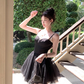 Black mid-length waist a-line suspender dress summer French temperament skirt R4943