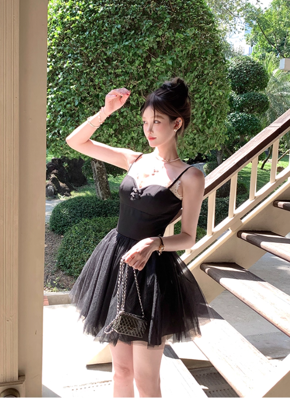 Black mid-length waist a-line suspender dress summer French temperament skirt R4943