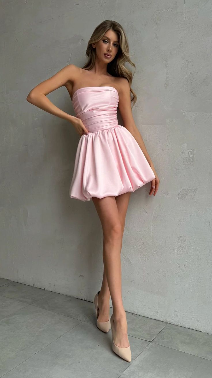 Pink slim fit tube top herringbone puffy princess homecoming dress R2417