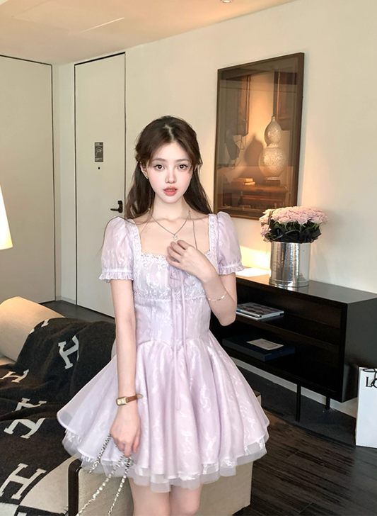 Square collar short sleeve waist A-line dress summer French retro style skirt R4585