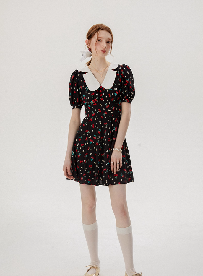 Baby collar floral dress French style black dress petite short dress female summer new style R3561