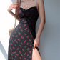 European and American cherry floral suspender dress sexy waist side slit long skirt R2808