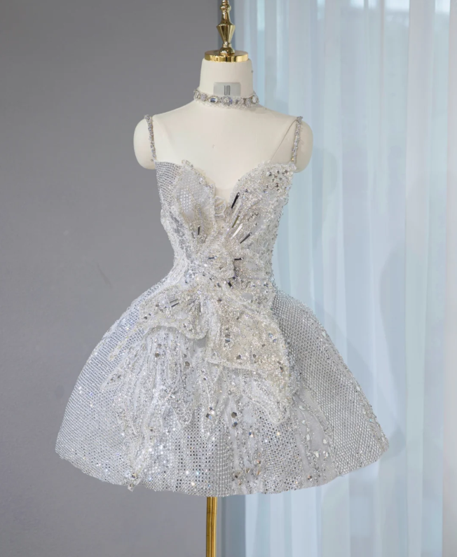 Silver strap diamond-studded high-end neckline waist puffy skirt short skirt homecoming dress R4159