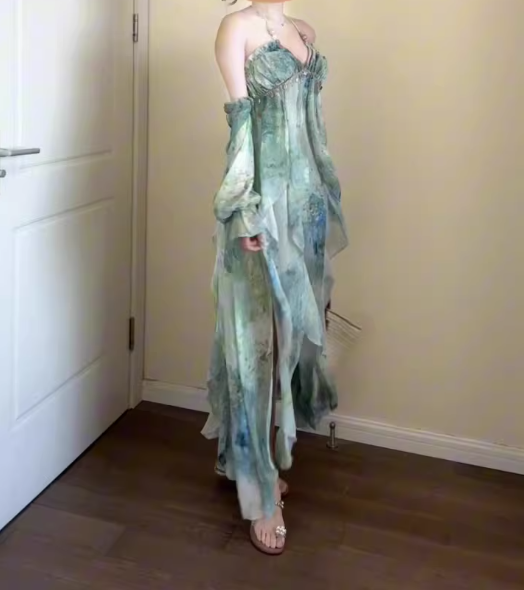 Irregular smudged halter neck dress gentle temperament beautiful beach dress R0737