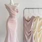 Swing collar off-shoulder dress French style women's three-color waist fishtail skirt women R0269