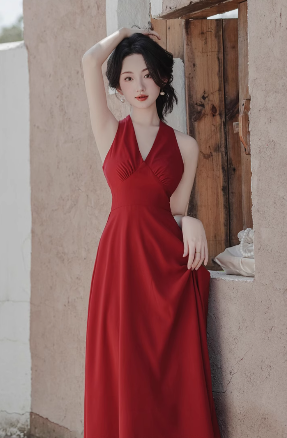 Retro wine red sling halter neck dress temperament waist high-end dress R1496