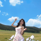 Pink floral suspenders waist A-line slim short skirt homecoming dress R3432