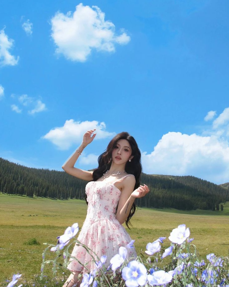 Pink floral suspenders waist A-line slim short skirt homecoming dress R3432