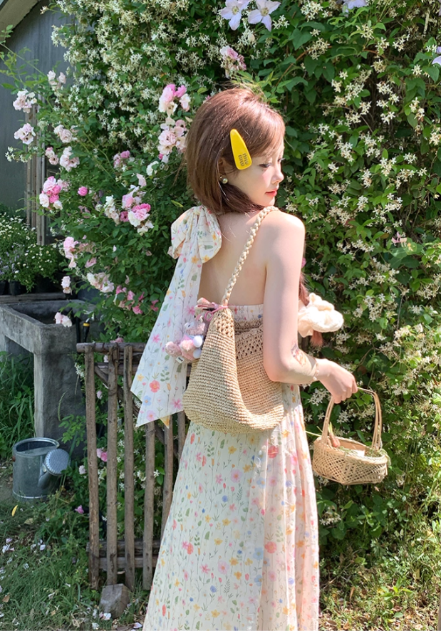 V-neck floral halter neck sleeveless suspender dress summer French pastoral style holiday dress R4664