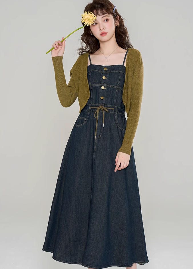 Knitted cardigan with denim suspender dress new high-end suit skirt two-piece set R2400