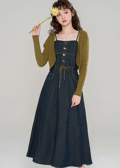 Knitted cardigan with denim suspender dress new high-end suit skirt two-piece set R2400