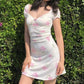 White background pink rose print waist slim A-line short skirt homecoming dress R3285