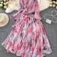 French elegant dress spring dress with bow tie collar slim fit long swing chiffon holiday dress R0351
